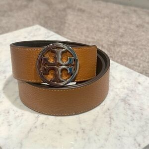 Tory Burch Brown/Black Reversible Leather Belt with Silver Logo Buckle